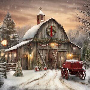 HOLIDAY RUSTIC BARN W REG WAGON PRINT MATTED 11x14"